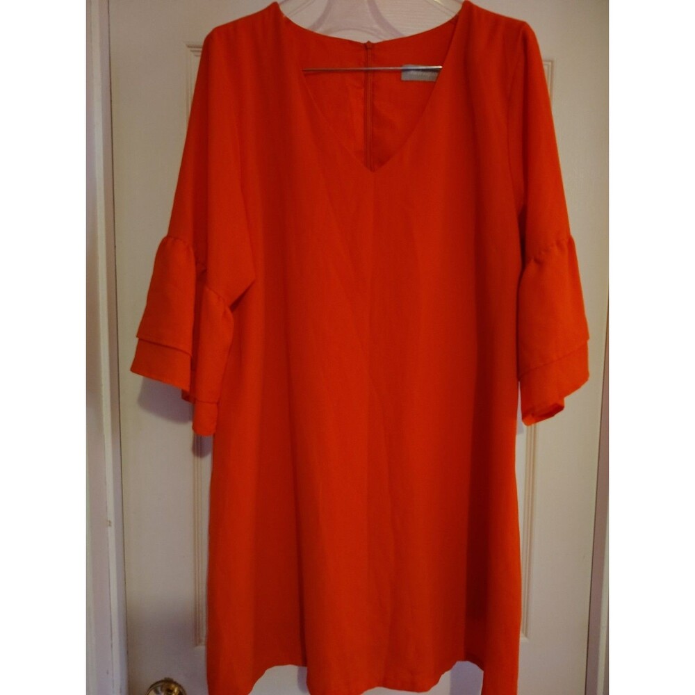 Boden Women's UK 12 Orange Solid V-Neck Shift Dress 3/4 Ruffle Zip Knee